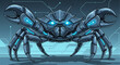 © St - Robotic crab with glowing blue eyes and claws standing on a circuit board floor