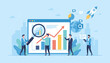 © Jusmine - Business professionals analyze market research data on a digital dashboard, featuring charts, graphs, and a magnifying glass, symbolizing growth and analytics, with a rocket launching in the