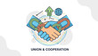 © Harvey - Abstract vector illustration symbolizing union and cooperation through a handshake, with interconnected chain links, an upward trending arrow, and a globe, representing global business partnerships