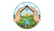 © Kia - Hands forming a protective house shape over a vibrant, sun-drenched landscape with a smiling sun, a winding river, lush green hills, colorful flowers, and fluffy clouds, symbolizing home, safety