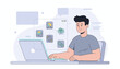 © Gabriela - Flat illustration of a smiling man working on a laptop, with a virtual screen displaying Electronic Data Interchange (EDI) icons, cloud, globe, and gears, representing technology and business