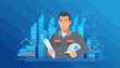 © Danieli - A smiling male engineer in a grey uniform holds blueprints and a white safety helmet with a gear symbol, standing in front of a futuristic cityscape with automated factory machinery and digital