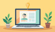 © Jorena - Modern flat vector illustration of a laptop displaying a profile page with a smiling man and text, symbolizing online reputation management and a bright idea represented by a glowing lightbulb above