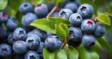 Extreme close-up of clustered blueberries on the stem with green foliage