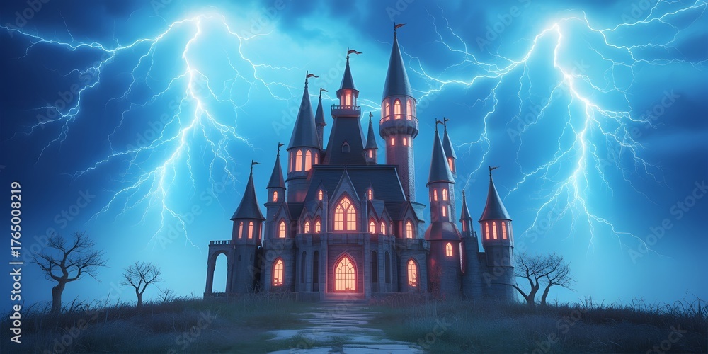 Majestic Gothic castle illuminated by glowing windows amidst a dramatic ...