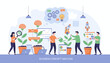 © Piolo - Vibrant vector illustration depicting a business concept analysis, with diverse people nurturing potted plants symbolizing growth, ideas, and project activities, featuring elements like brains