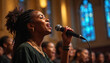 © miss irine - Woman sings song at choir performance in hall. Singer with microphone performs on stage. Artist expresses emotion. Spiritual musical concert, unity, harmony in worship event. People celebrate music