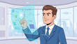 © Angela - A smiling businessman in a blue suit interacts with a futuristic holographic interface displaying data, charts, and icons, set against a backdrop of a modern city skyline with helicopters flying by