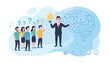 © Angela - A confident businessman holding a glowing light bulb, symbolizing a brilliant idea or solution, stands before a group of confused people with question marks above their heads, next to a stylized