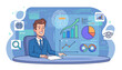 © Cindra - Modern businessman in a suit analyzing a futuristic holographic dashboard displaying key performance indicators, charts, graphs, and data visualizations, symbolizing business intelligence and