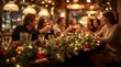 © Alchemy - Warm festive dinner with friends celebrating Christmas, beautifully decorated table with garland, pinecones and lights, cozy holiday atmosphere in restaurant or home interior