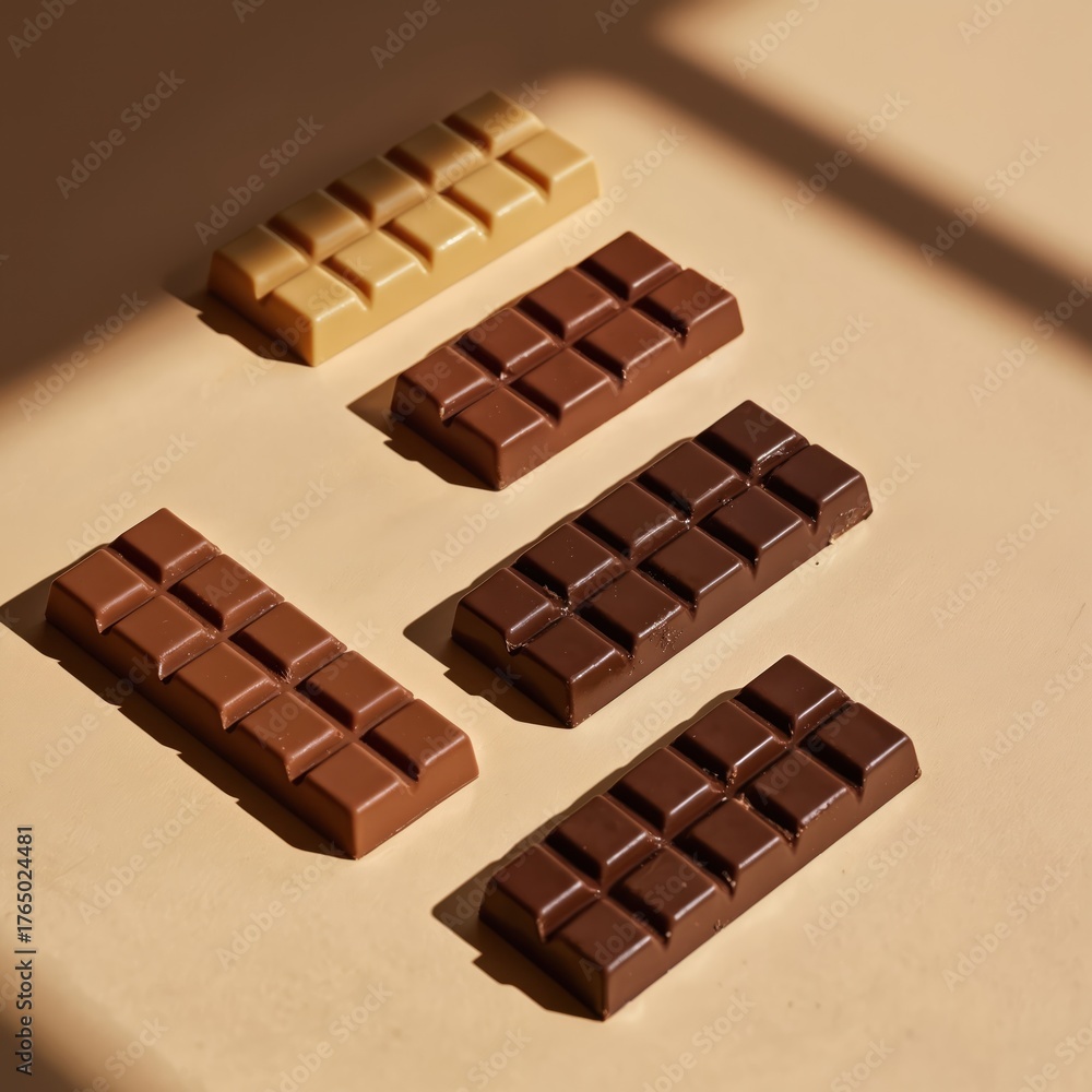 Five chocolate bars in different shades of brown on beige surface ...
