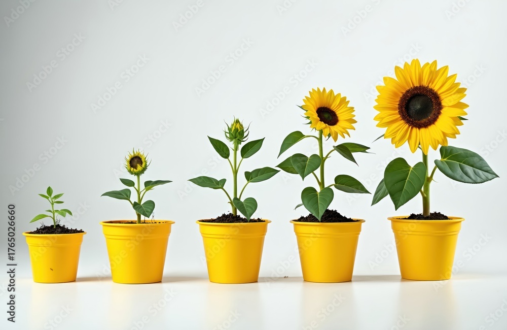 Five sunflower plants grow in bright yellow pots on clean white ...