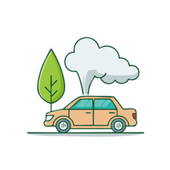  Cartoon Car Emitting Pollution with Tree Growing Nearby Concept Illustration