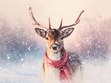 Christmas deer wearing scarf on snowy background winter holiday illustration