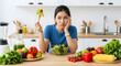 © Loka Design - Woman in kitchen preparing salad looking thoughtful Female in kitchen surrounded by fresh vegetables symbolizing mindful eating and healthy meal choices