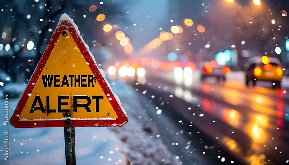 A weather alert sign on a snowy roadside warns of hazardous driving ...