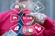 © wladimir1804 - Business person using virtual touch screen presses the word SCAM. Concept of Scam Spam Web Fraud Cyber Secure Privacy.