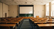 © AI Art - Wide-angle interior shot of a large, empty university lecture hall. Rows of identical wooden desks face a large, blank projection screen at the front.