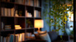 © narumon - Blurred view of a modern home library with dark wooden bookshelves filled with books and green plants.