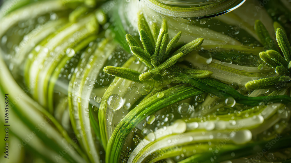 A close up of green leaves with droplets of water on them. The leaves are arranged in a way that they look like they are growing out of a glass. Concept of freshness and natural beauty