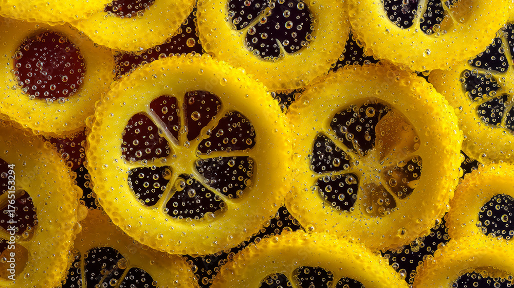 A close up of a bunch of oranges with a lot of water droplets on them. The oranges are cut in half and the water droplets are on the outside of the fruit