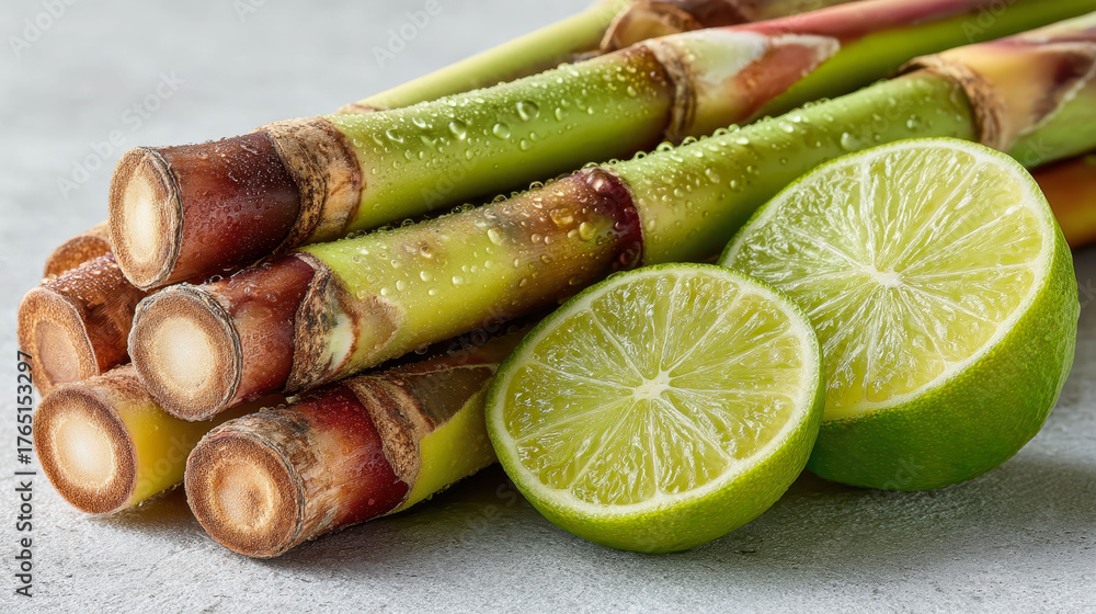 A bunch of green stalks of celery and a lime. The celery stalks are in a pile and the lime is cut in half
