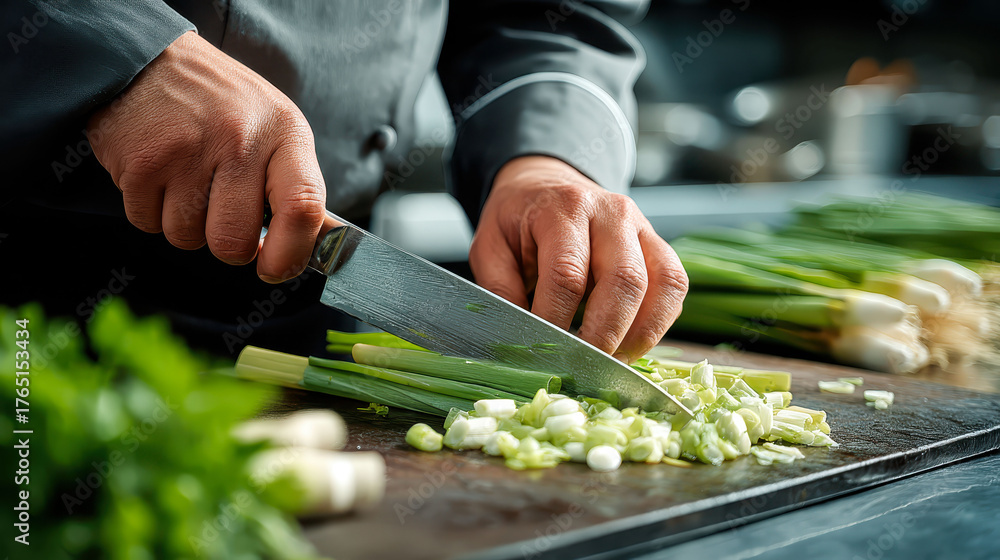 A chef is cutting vegetables on a cutting board. The vegetables include onions and celery. The chef is using a knife to cut the vegetables
