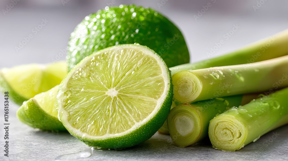A lime is cut in half and placed on a table with some green stems. The lime is surrounded by the stems, which are also green. Concept of freshness and health, as the lime