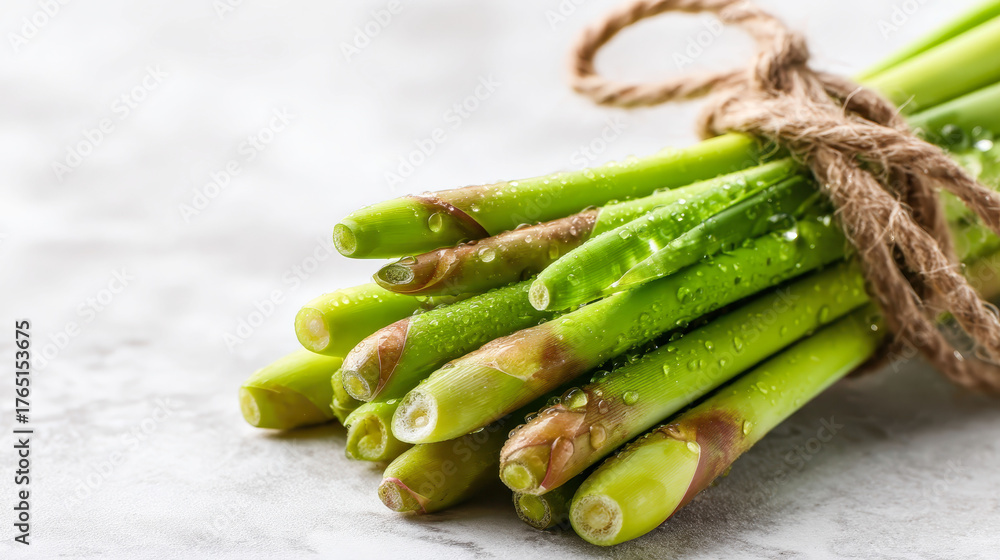 A bunch of green asparagus are tied together. The asparagus are fresh and crisp, and the rope tying them together adds a rustic touch to the scene