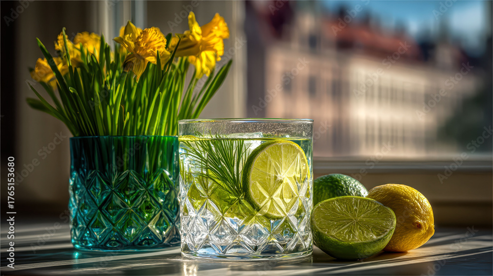 A glass of water with a lime and a lemon in it sits on a table next to a vase of yellow flowers