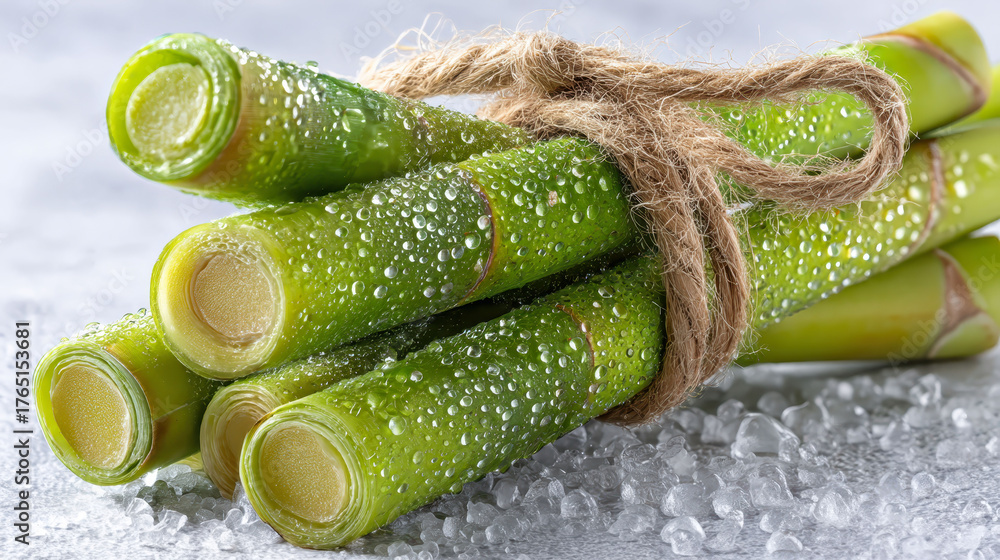 A bunch of green bamboo shoots are tied together. Concept of freshness and natural beauty