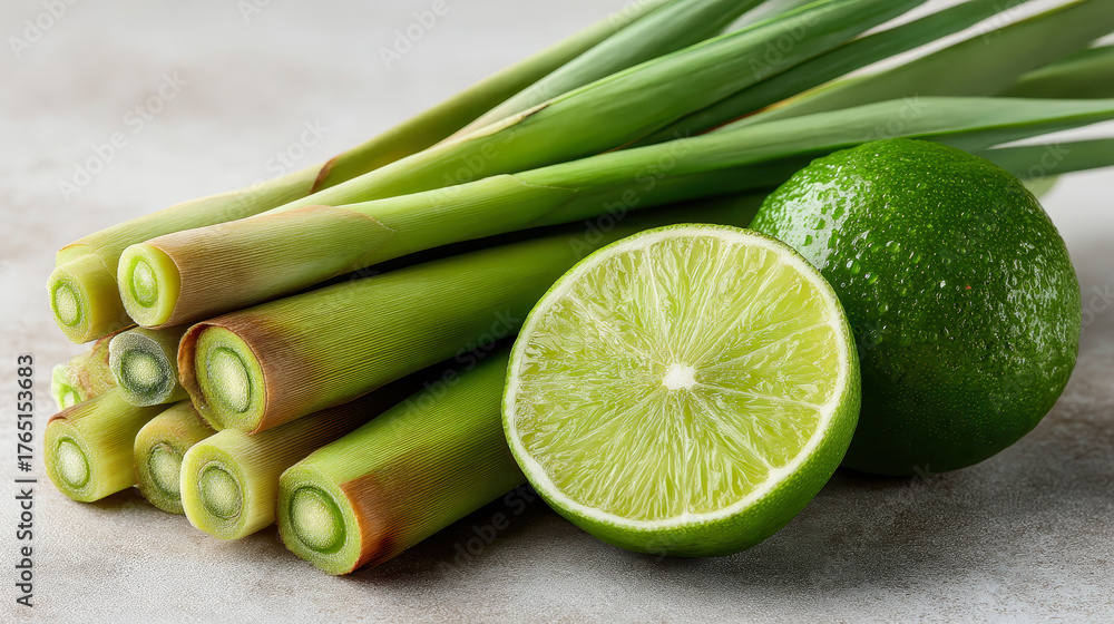 A bunch of green herbs and a lime are on a table. The herbs are fresh and green, and the lime is ripe and juicy. Concept of freshness and health, as the herbs and lime are both nutritious