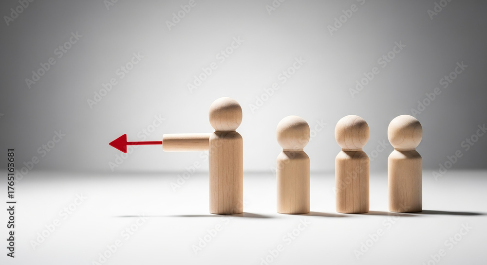 Wooden figure pointing a red arrow to the left, leading a line of other ...