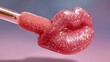 © Nasr - A macro shot of a lip gloss applicator shaped like lips, coated in shimmering pink gloss, against a gradient purple and pink background