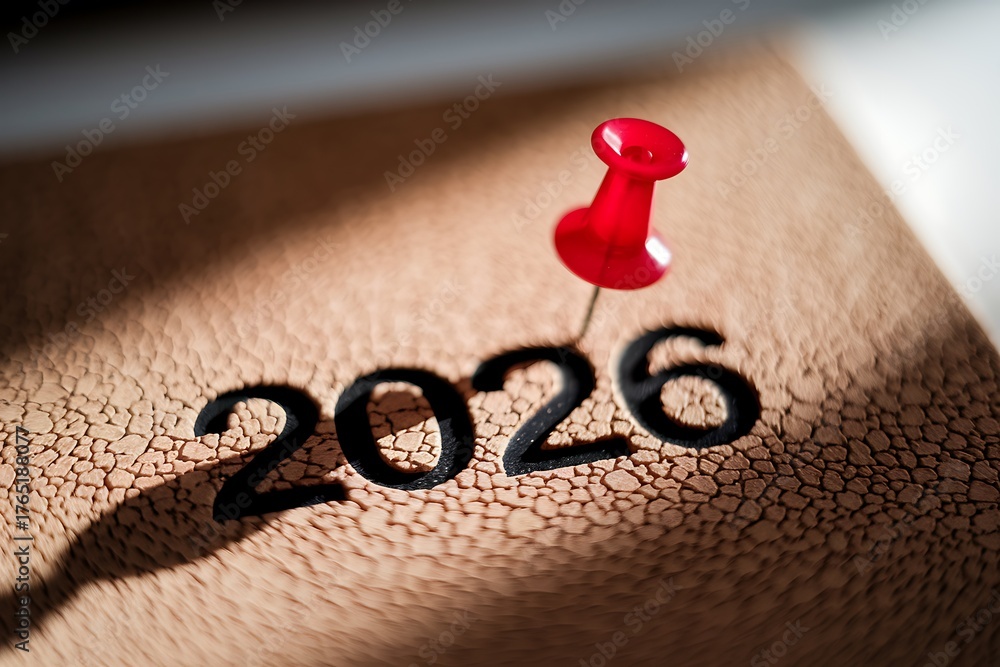 Red pin marks year 2026 on brown paper. Stock Photo | Adobe Stock