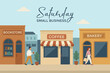 © barokzidane - Small Business Saturday. Flat vector illustration with local shops including bookstore, coffee shop, and bakery. People walking and supporting local businesses in a friendly urban street scene
