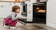 © Wool World - Curious little girl peeking into a modern kitchen oven, watching freshly baked bread rise, symbolizing home cooking and childhood exploration