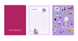 © Яна Шадурская - A set of templates for notebook design - Cover, checkered sheet, stickers on the topic of a teenager's lifestyle. Doodle style, vector graphics.