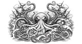 Intricate black and white illustration of a kraken attacking ships in stormy seas