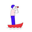 © moremar - A person standing on a small boat and looking through binoculars. Concept of migration, searching for a new life or opportunities abroad. Modern illustration in a vector style.