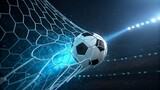 Experience the thrill of victory with a soccer ball hitting the net under stadium lights, perfect for sports marketing or highlighting athletic achievement and competitive spirit