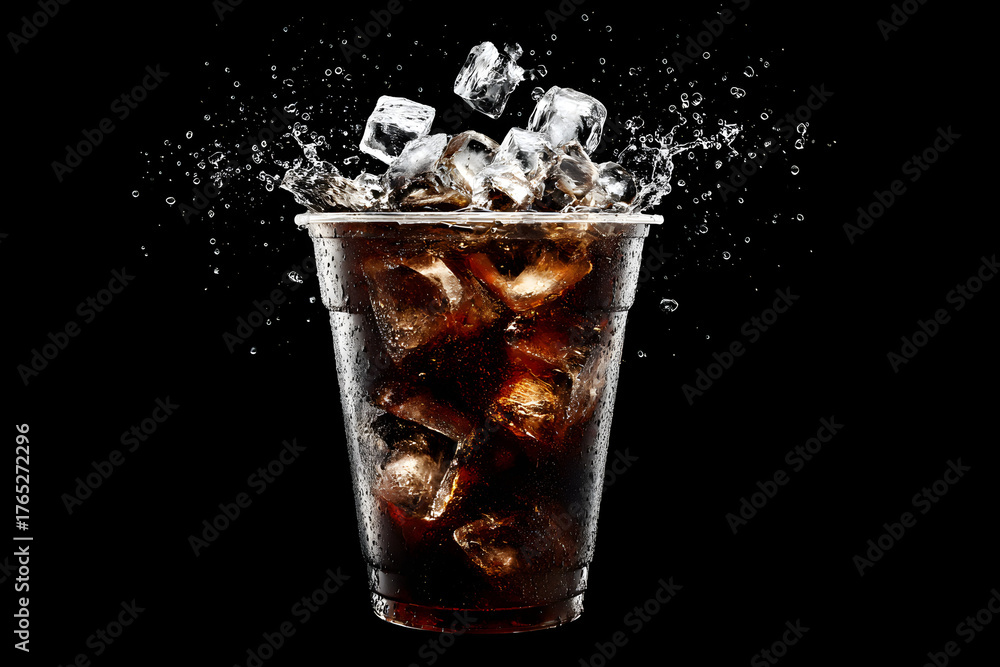 Refreshing dark cola drink with dynamic ice cubes splashing in a clear ...