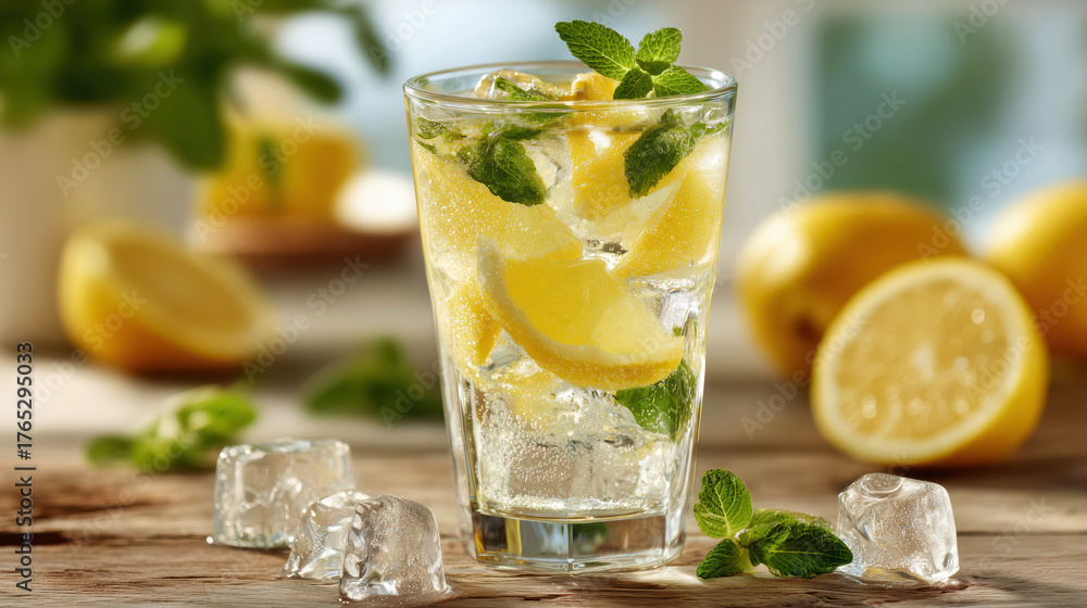 Refreshing lemon water with mint and ice cubes, representing natural detox and hydration concept