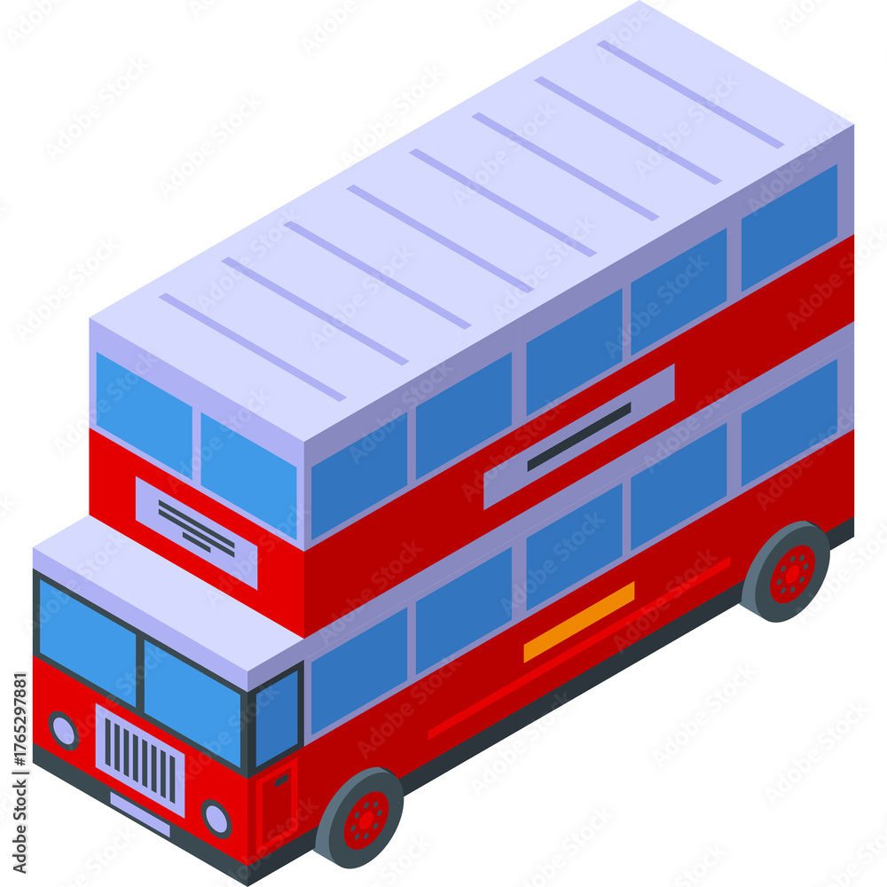 Isometric Red Double Decker Bus with Blue Windows and Light Purple Roof Featuring Grille and Wheels on Transparent Background Detailed Vector Illustration