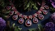 © Artittaya - Elegant ruby and diamond necklace surrounded by fresh greenery and purple flowers on a dark velvet background