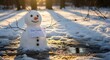 © sakib - Melting snowman stands in a winter wonderland holding a 'Dear Santa' letter under a warm golden hour sunset.