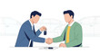 © rdyskmsh - Flat vector illustration of faceless people shaking hands after buying a car, with car keys and vehicles in the background