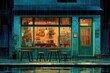 © ant - cozy café glowing warmly at night while rain falls outside, cute cartoon style with reflections on window