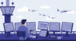 © Syartinolky | Pixels - Air traffic controller working at a desk with multiple screens and computers overlooking an airport runway with planes flying by